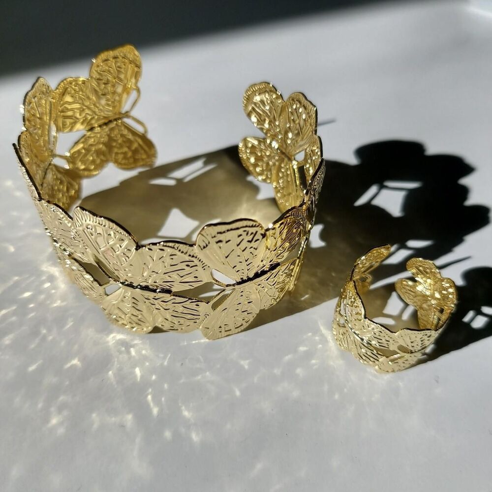 Gold butterfly ring and bangle set